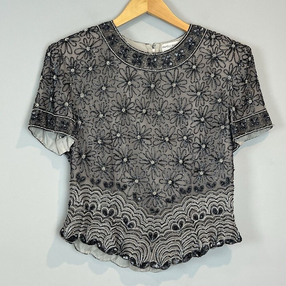Adrianna Papell‎ Boutique Silk Beaded Top Size Large Gray Slate Blue Art Deco